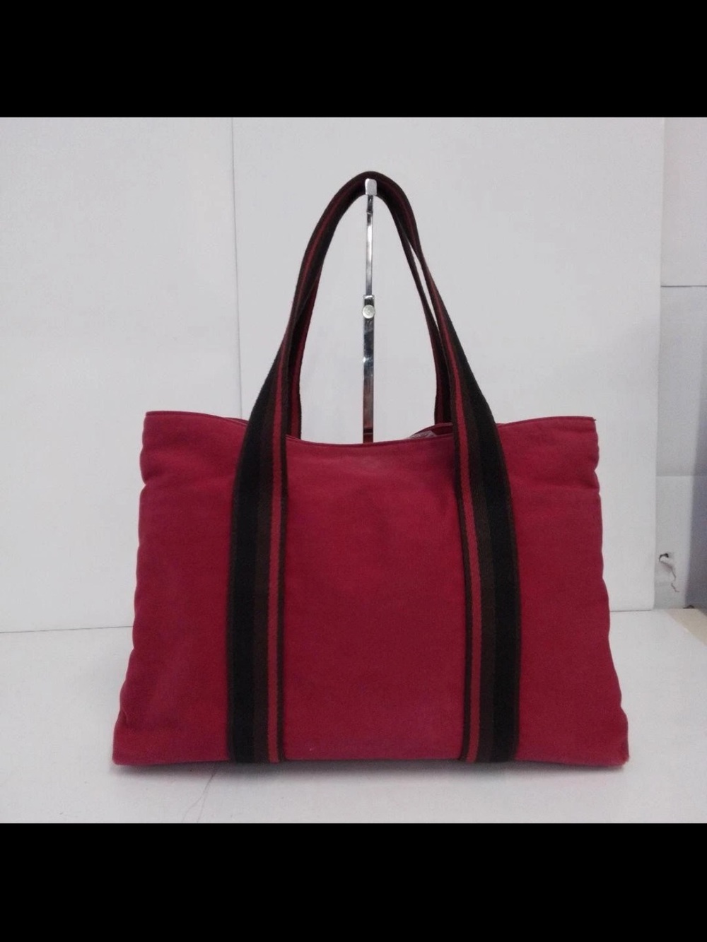 Hermes Red Canvas Messenger Tote with Black Striped Handles